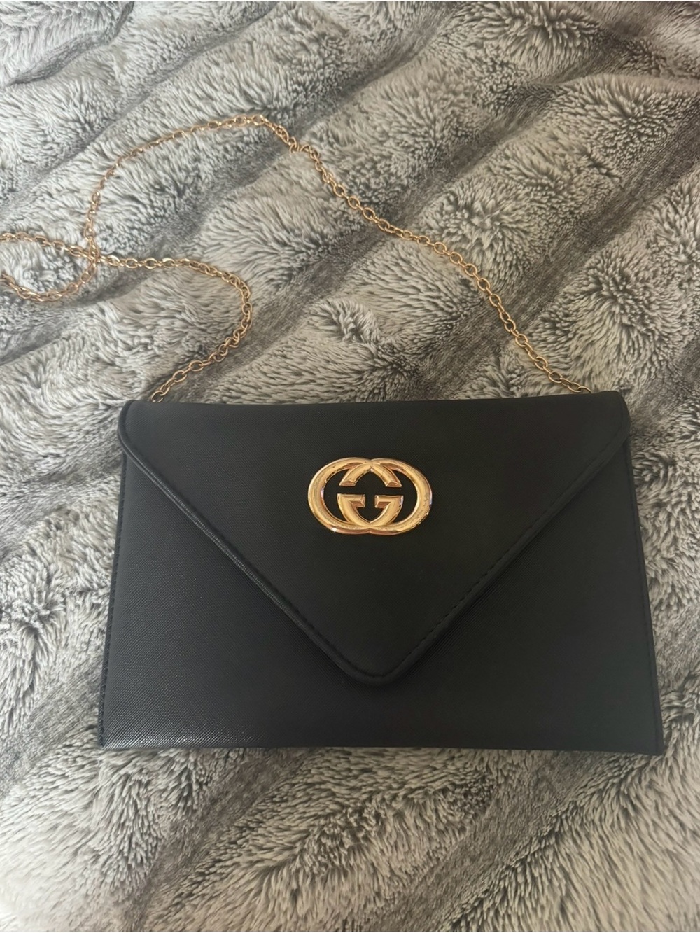 Gucci Black Leather Envelope Clutch with Gold Chain